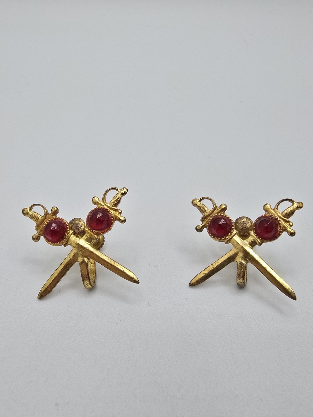 Vintage Crossed Swords Screw Back Earrings Gold Tone Red Rhinestone 5/8"